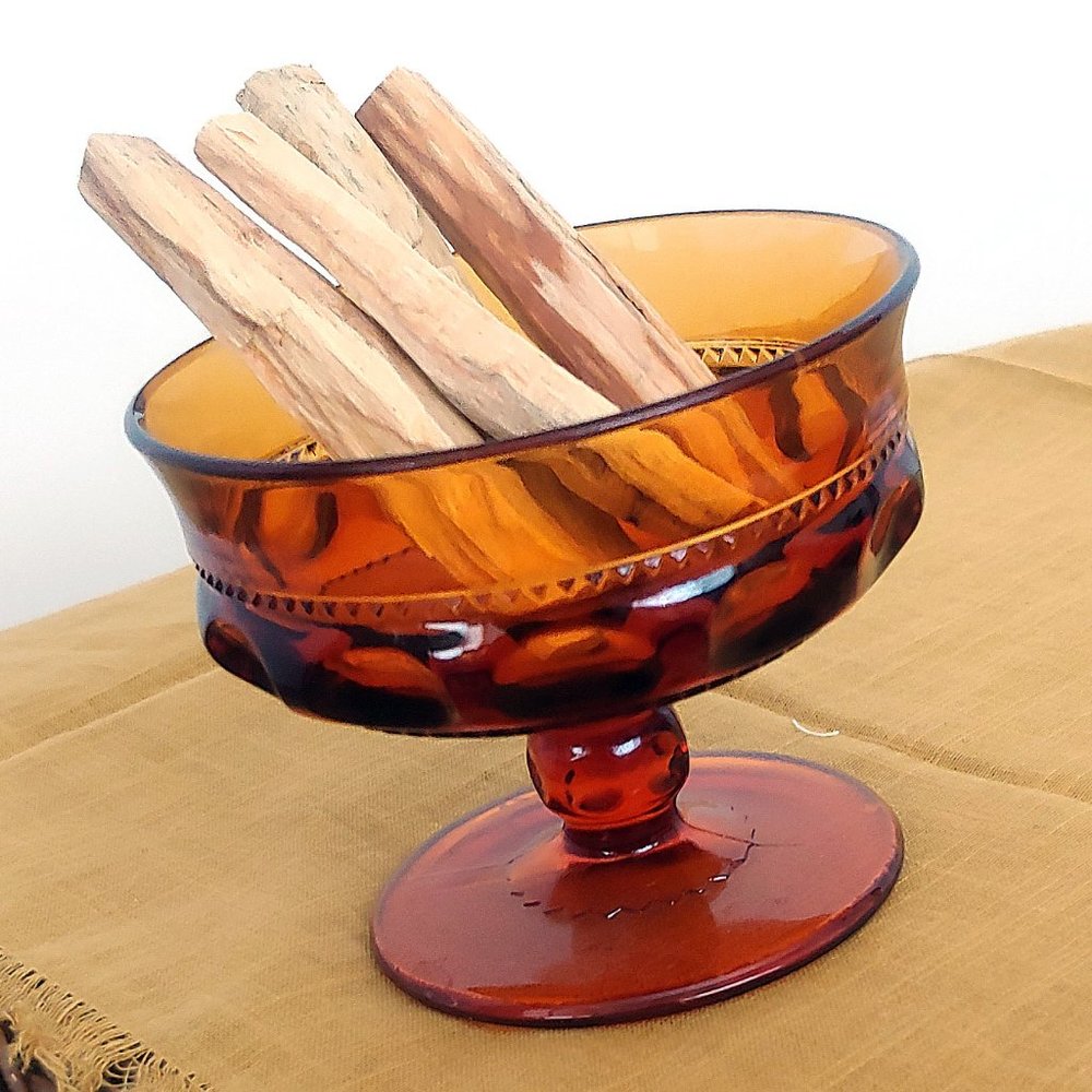 MCM Midcentury Glass Compote Candy Dish Vintage Trinket Dish  Amber Glass - Picture 2 of 2